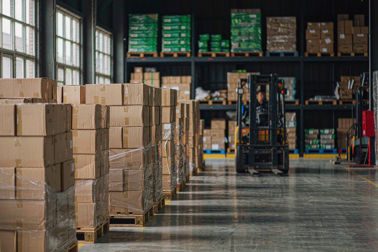 Finished napkin cartons palletised in the warehouse